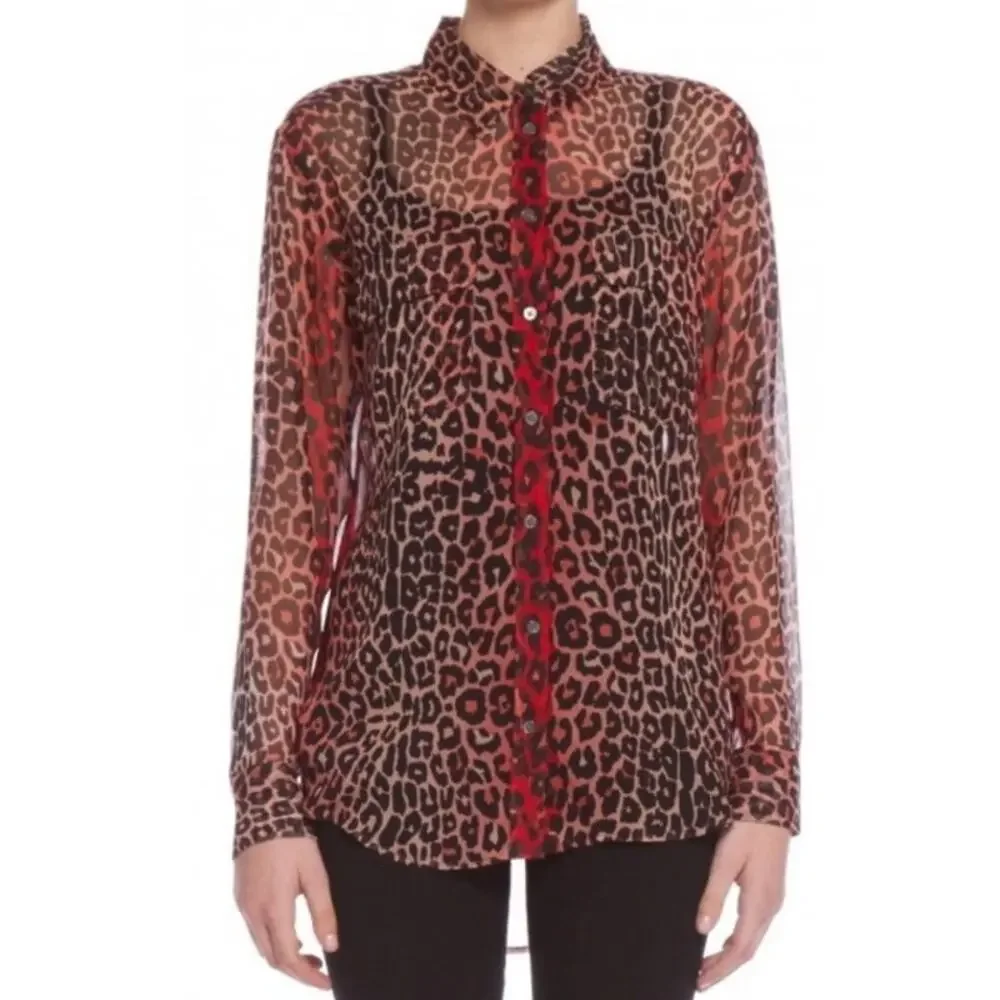 Equipment Femme Leopard Print Red Black Silk Button Down Sheer Blouse Size S